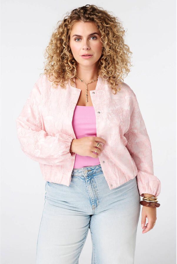 MS Mode gebloemd jacquard bomberjack Plus Size lichtroze