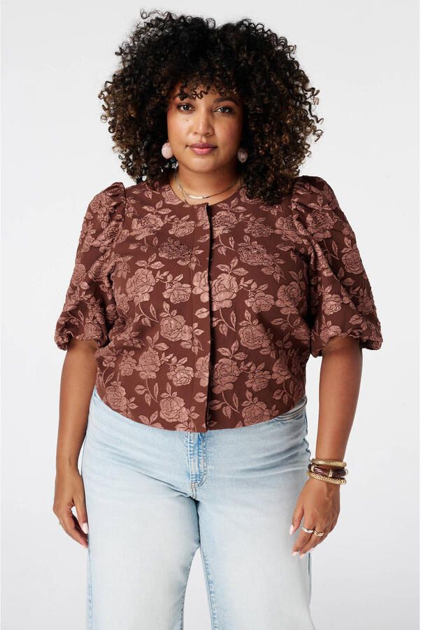 MS Mode gebloemde jacquard jas Plus Size bruin