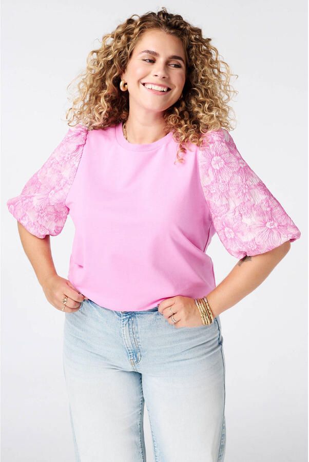 MS Mode gebloemde jacquard top Plus Size roze
