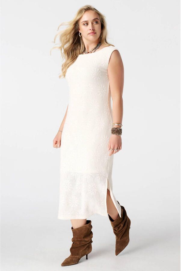 MS Mode gebloemde midi jurk met pailletten Plus Size ecru