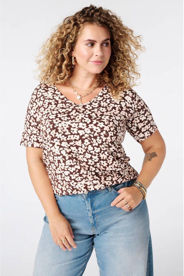 MS Mode gebloemde top Plus Size bruin