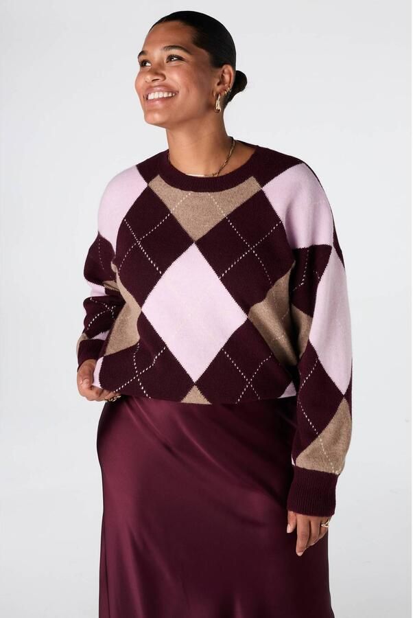 MS Mode gebreide geruite trui met wol donkerrood beige roze