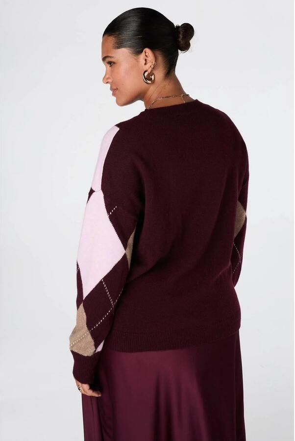 MS Mode gebreide geruite trui met wol donkerrood beige roze - Foto 3