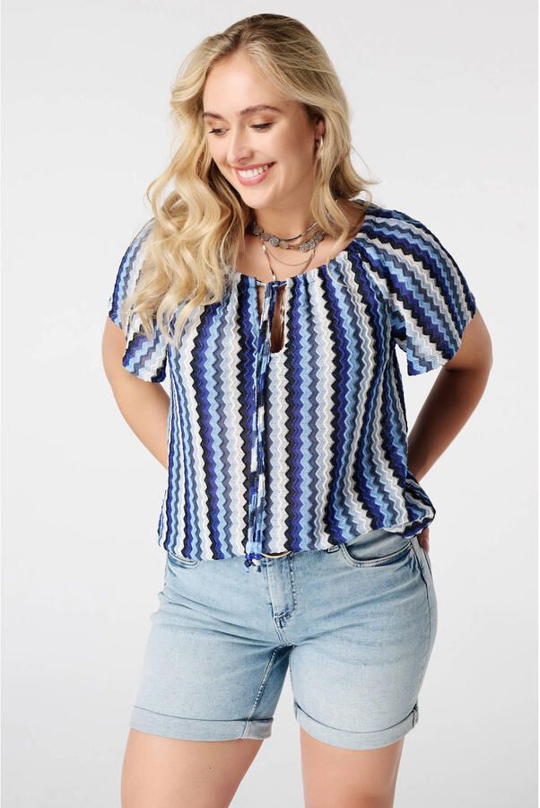 MS Mode gebreide top Plus Size met cut-out en print blauw