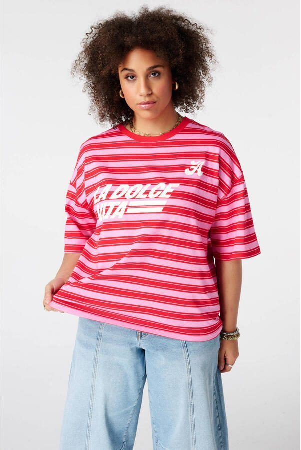 MS Mode gestreept T-shirt Plus Size met tekst roze