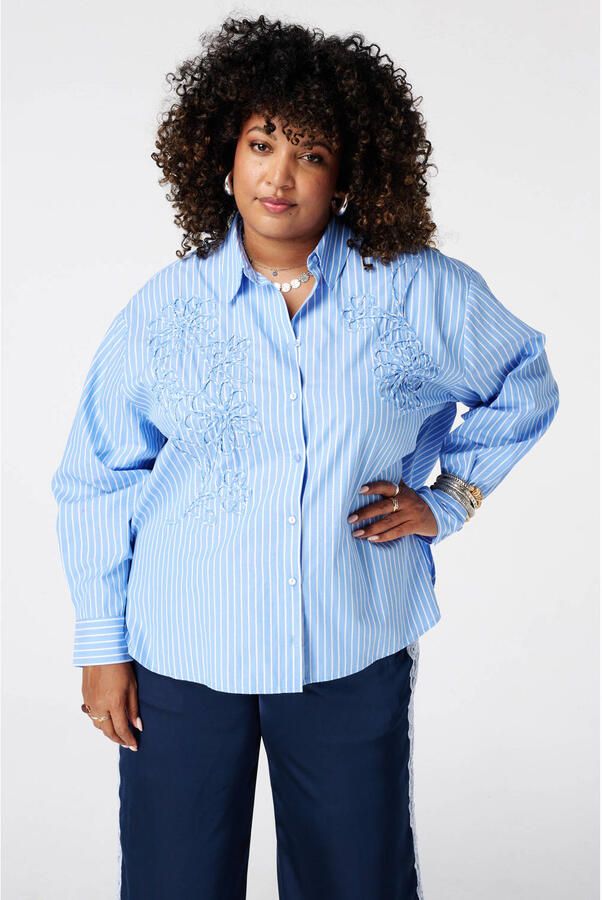 MS Mode gestreepte blouse met borduursels Plus Size blauw