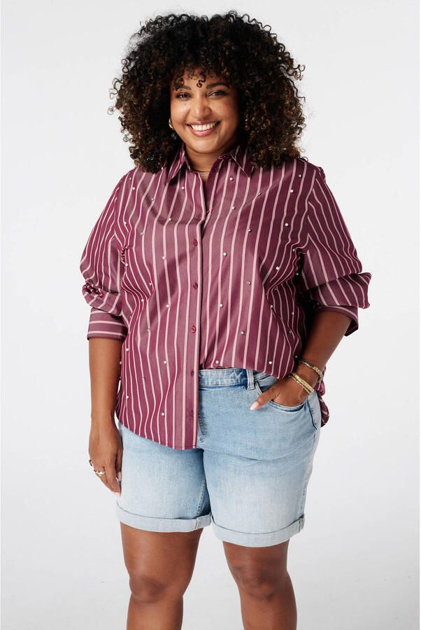 MS Mode gestreepte blouse met parels Plus Size donkerrood