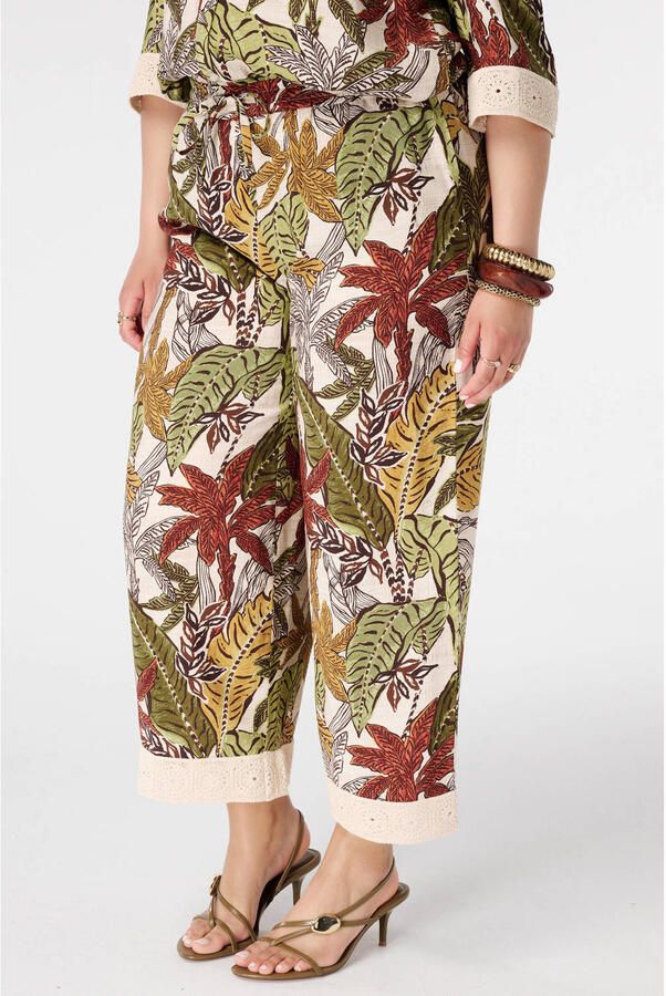 MS Mode high waist loose fit cropped broderie broek Plus Size donkergroen