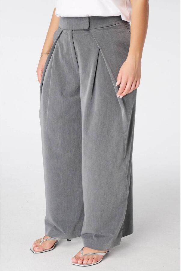 MS Mode high waist wide leg pantalon met plooien grijs