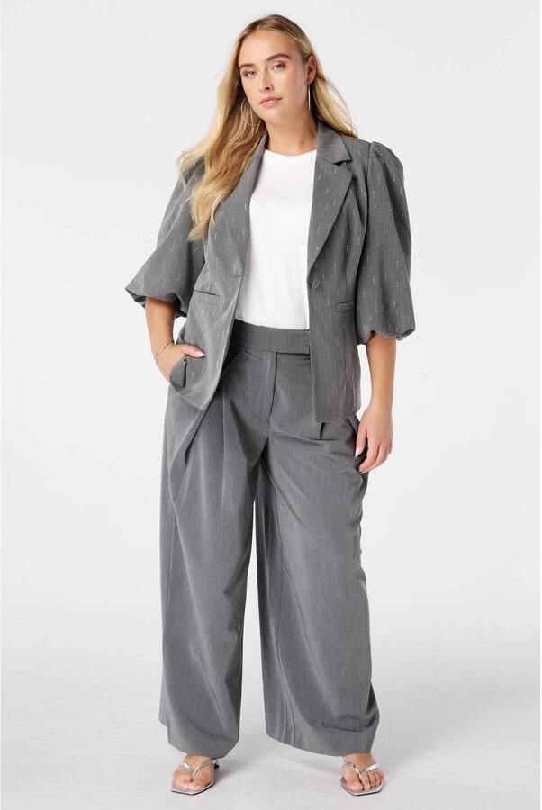 MS Mode high waist wide leg pantalon met plooien grijs