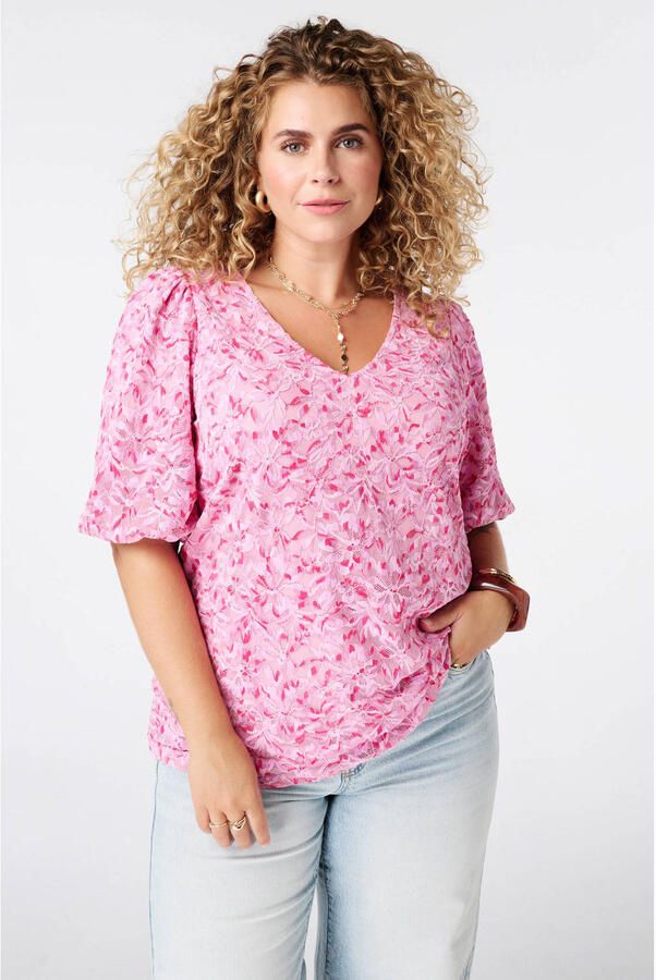 MS Mode kanten top Plus Size met print roze