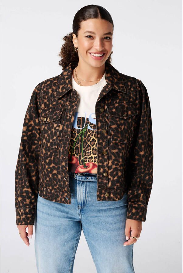 MS Mode katoenen spijkerjas met panterprint Plus Size bruin