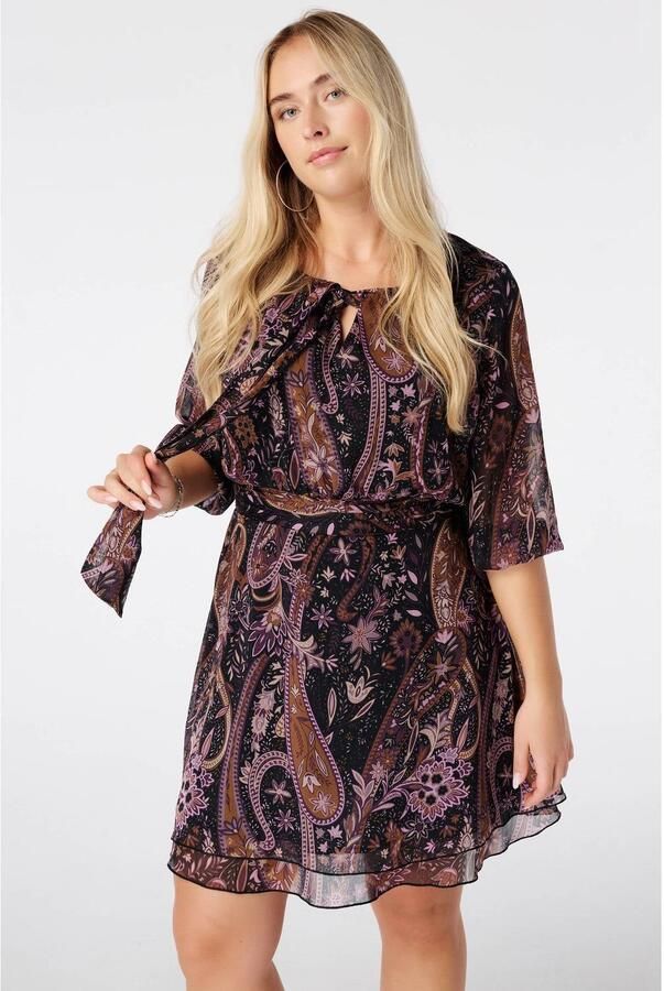 MS Mode korte blousejurk met paisley zwart camel paars