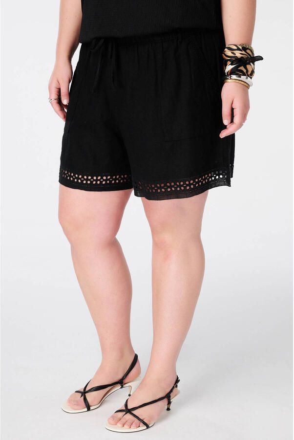MS Mode linnen loose fit broderie short Plus Size zwart