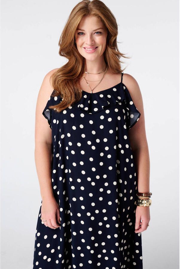 MS Mode maxi jurk Plus Size met ruches en stippen blauw