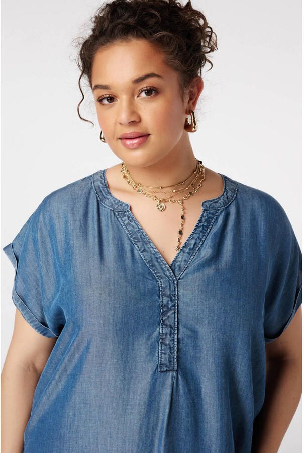 MS Mode midi blousejurk met ceintuur Plus Size mediumblauw denim