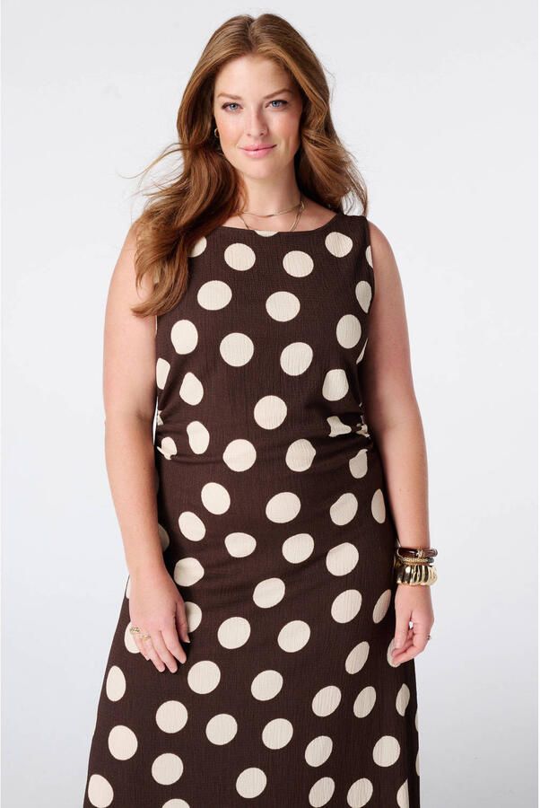 MS Mode midi zomerjurk met stippen Plus Size bruin
