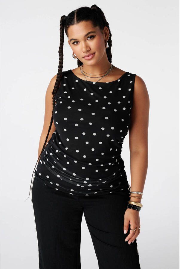 MS Mode mouwloze top Plus Size met plooien en stippen zwart