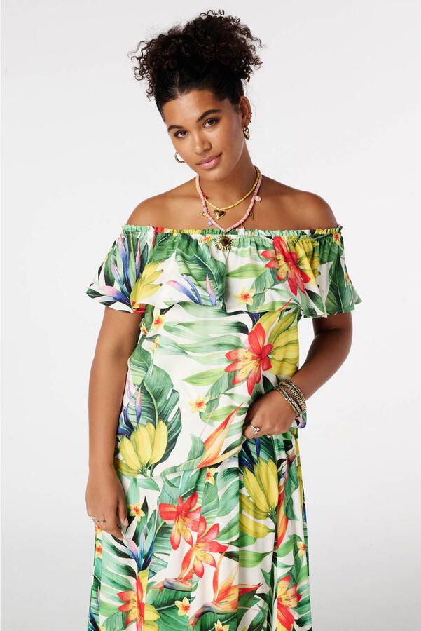 MS Mode off shoulder rechtvallende top met ruches Plus Size groen