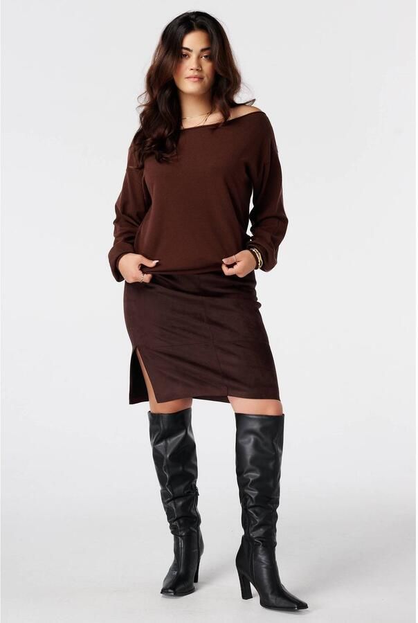MS Mode off shoulder trui bruin