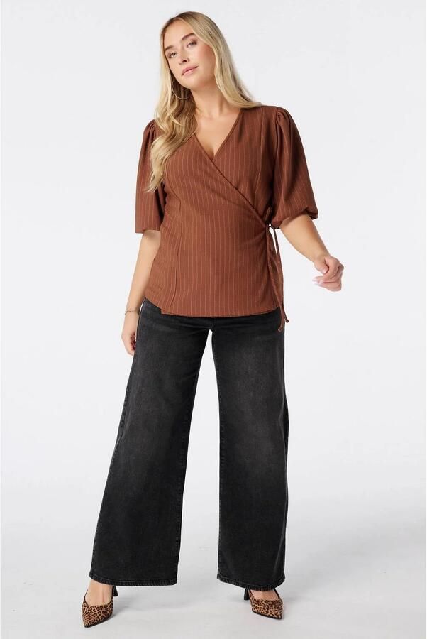 MS Mode overslagtop met glitters en krijtstreep camel