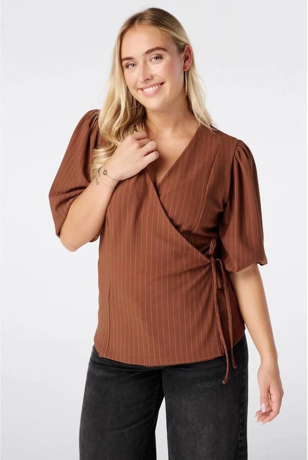 MS Mode overslagtop met glitters en krijtstreep camel - Foto 3