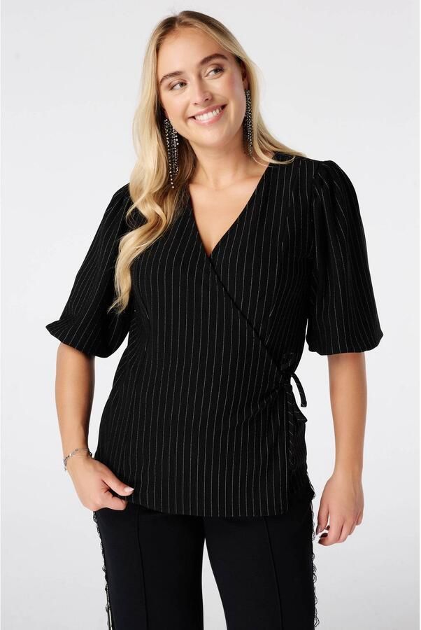 MS Mode overslagtop met krijtstreep en glitters zwart