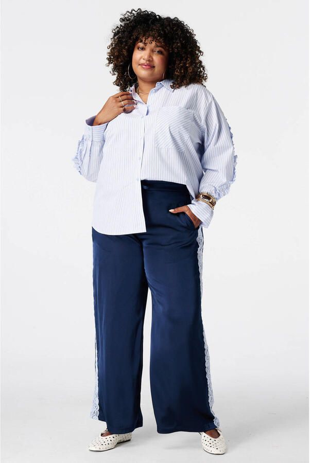 MS Mode Plus Size blouse met ruches en krijtstreep blauw