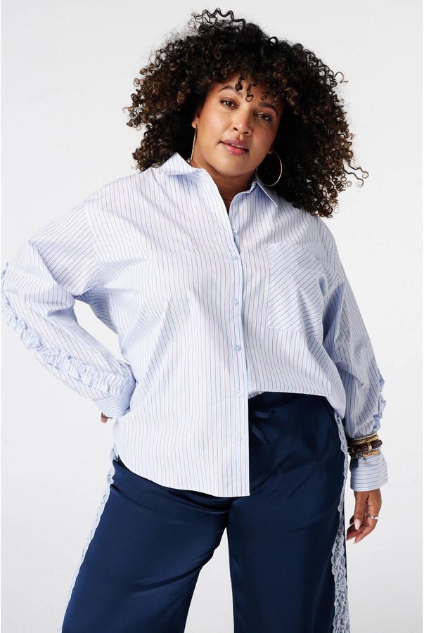 MS Mode Plus Size blouse met ruches en krijtstreep blauw - Foto 3
