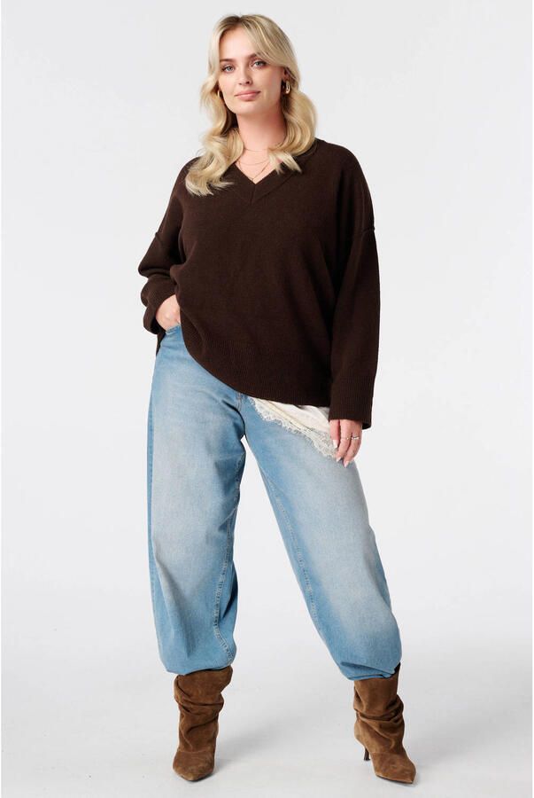 MS Mode Plus Size gebreide trui met wol donkerbruin