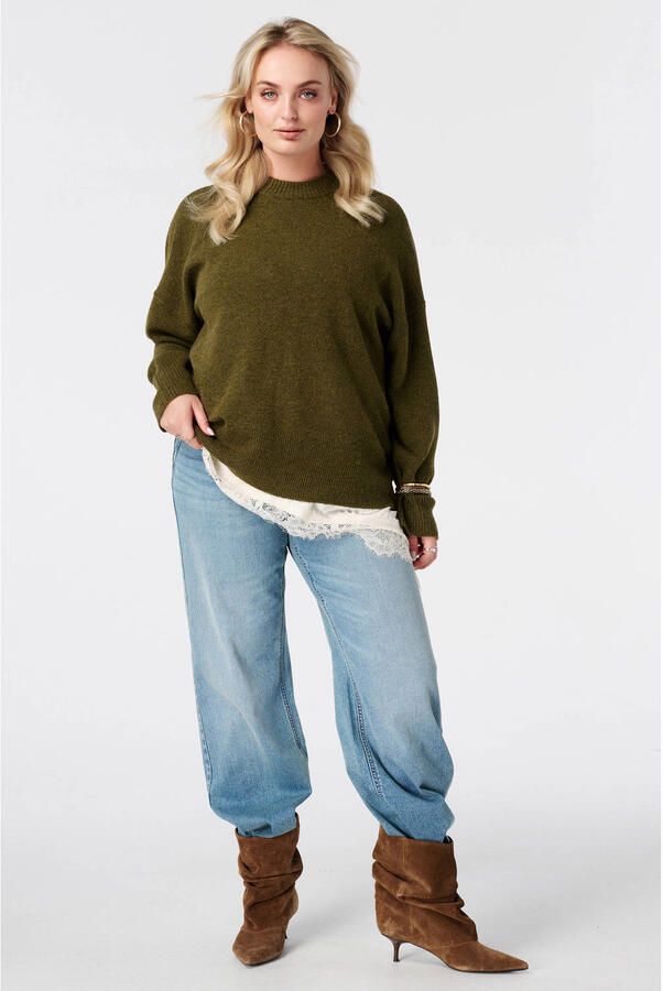 MS Mode Plus Size gebreide trui met wol kaki