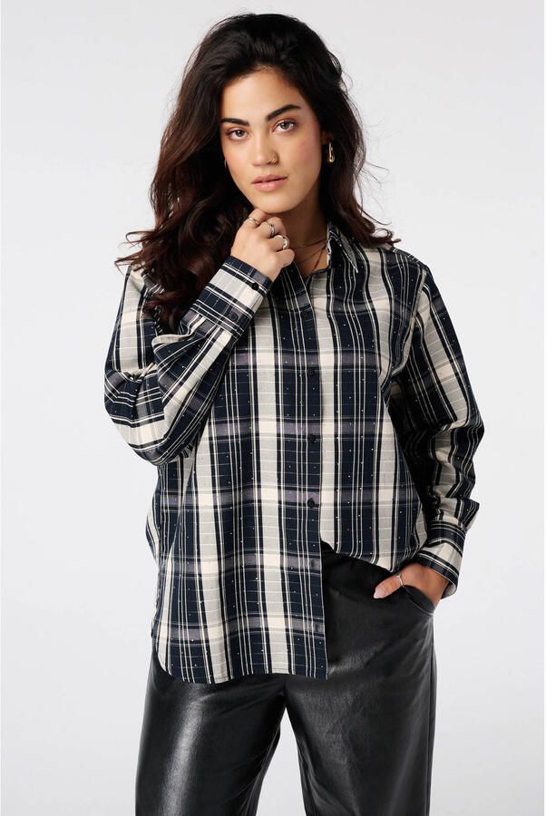 MS Mode Plus Size geruite blouse met strass-steentjes blauw ecru
