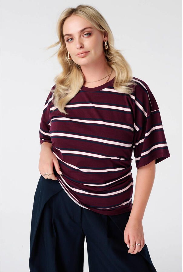 MS Mode Plus Size gestreepte T-shirt donkerrood ecru blauw
