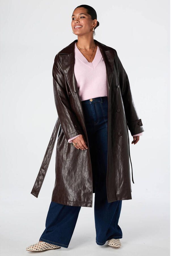 MS Mode Plus Size imitatieleren trenchcoat met ceintuur donkerbruin