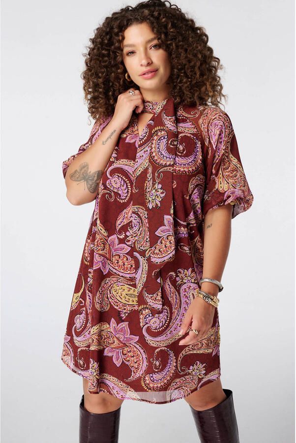 MS Mode Plus Size korte bohemian jurk met ceintuur en paisley donkerrood roze
