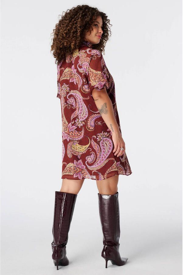 MS Mode Plus Size korte bohemian jurk met ceintuur en paisley donkerrood roze - Foto 2