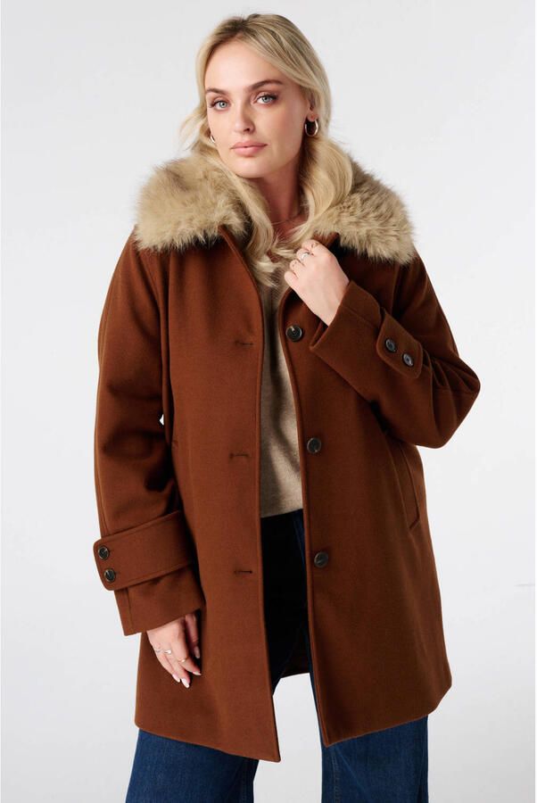 MS Mode Plus Size mantel met imitatiebontkraag camel