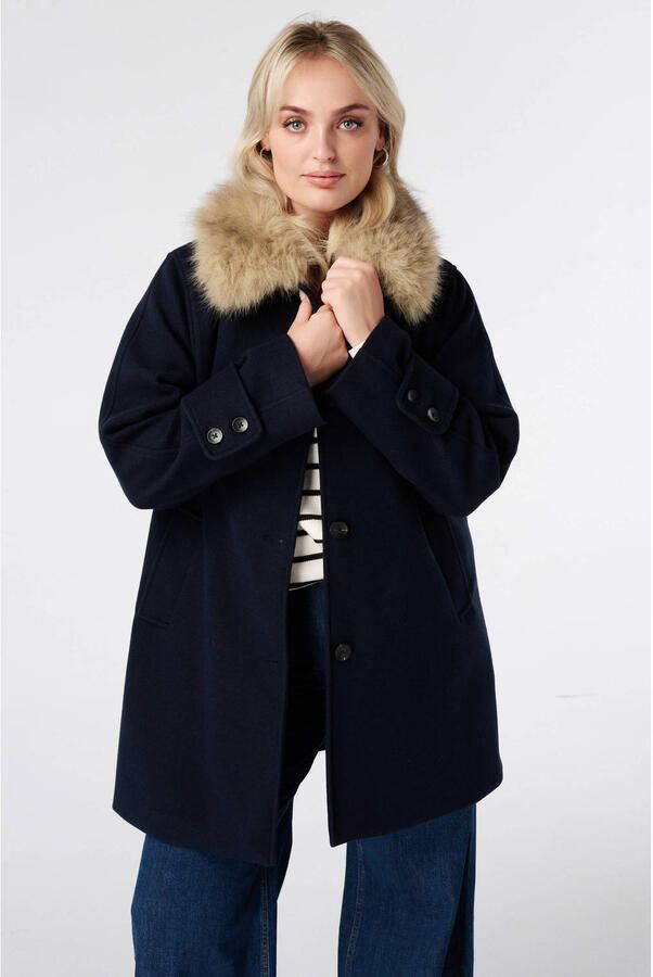MS Mode Plus Size mantel met imitatiebontkraag donkerblauw