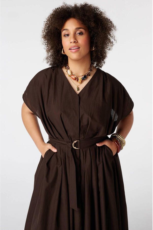 MS Mode Plus Size midi jurk met ceintuur bruin