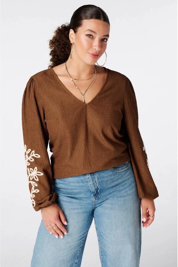 MS Mode Plus Size top met borduursels camel