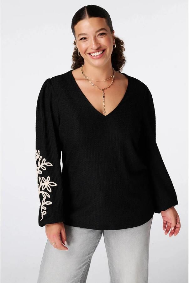 MS Mode Plus Size top met borduursels zwart