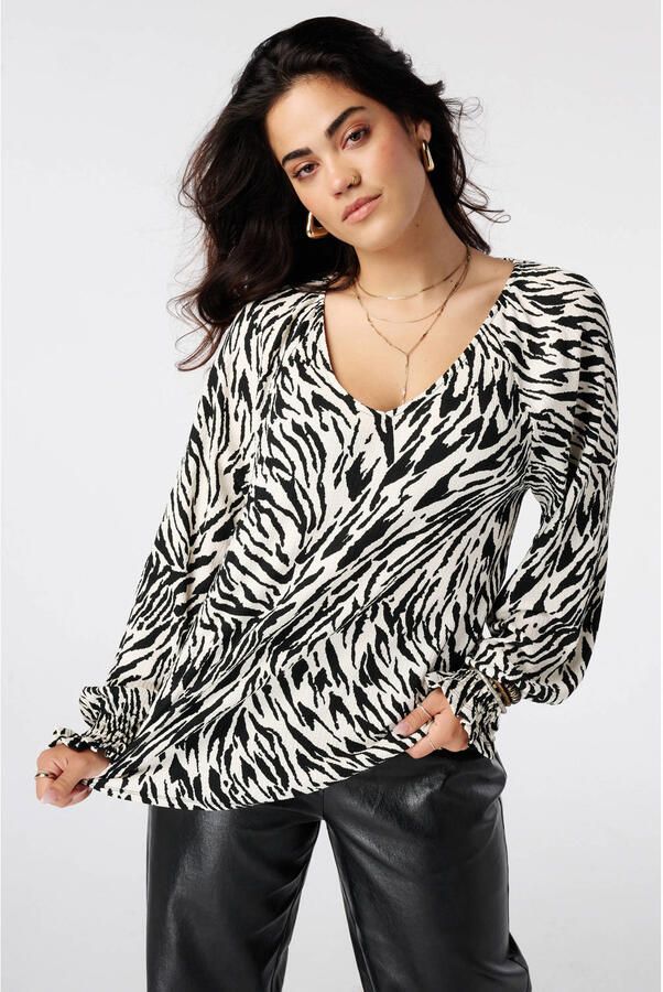 MS Mode Plus Size top met zebraprint ecru zwart