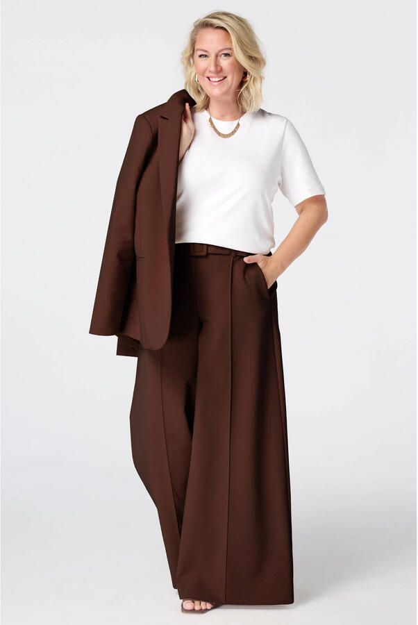 MS Mode Plus Size wide leg broek met ceintuur bruin