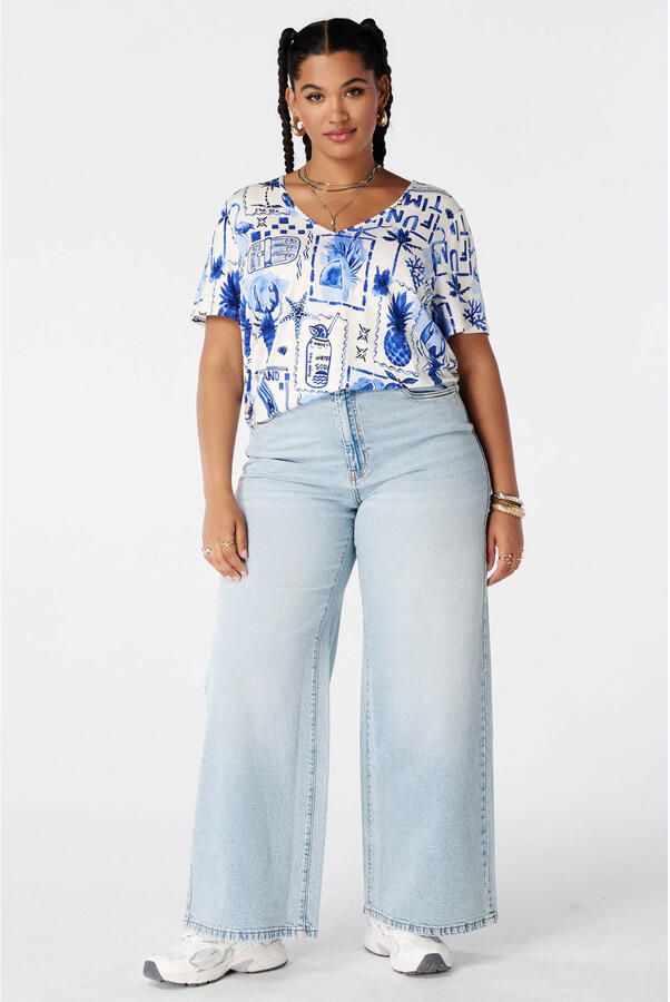 MS Mode rechtvallend T-shirt met print Plus Size blauw