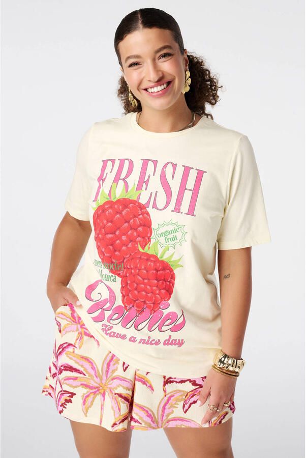 MS Mode rechtvallend T-shirt met print Plus Size lichtgeel