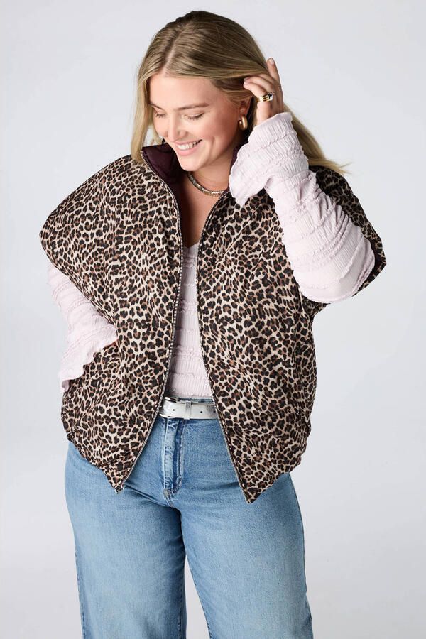 MS Mode reversible bodywarmer Plus Size met panterprint donkerrood
