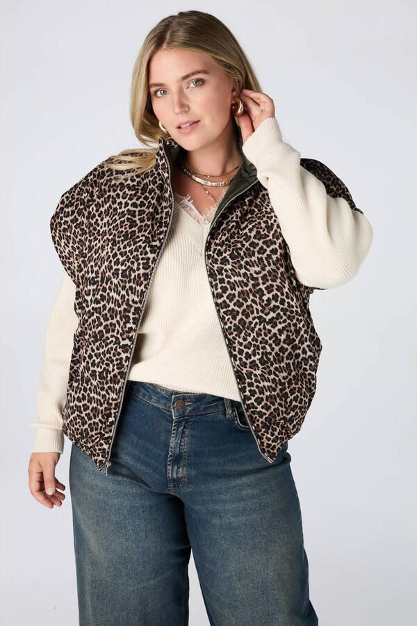 MS Mode reversible bodywarmer Plus Size met panterprint kaki