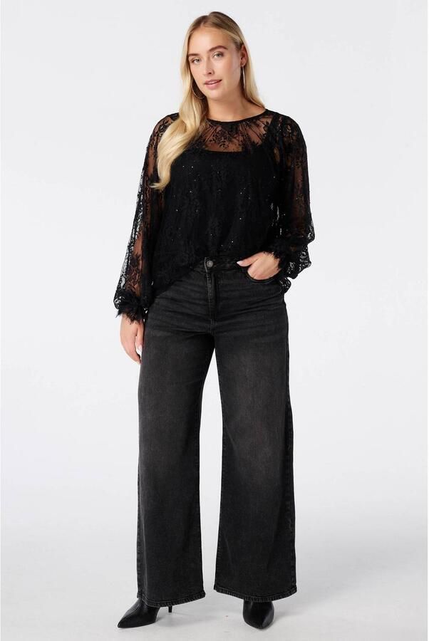 MS Mode semi-transparante blousetop met pailletten zwart