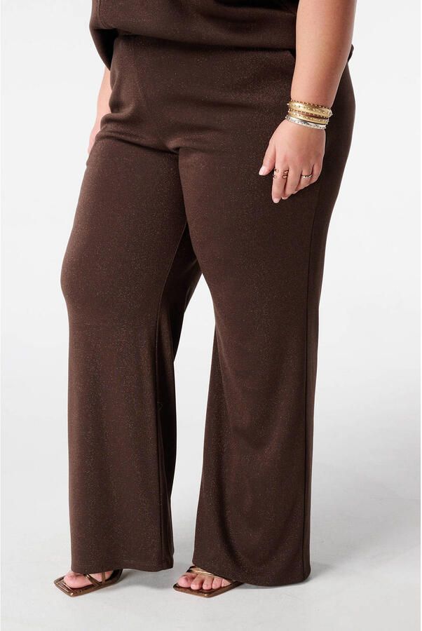 MS Mode straight high waist casual broek donkerbruin met glitter