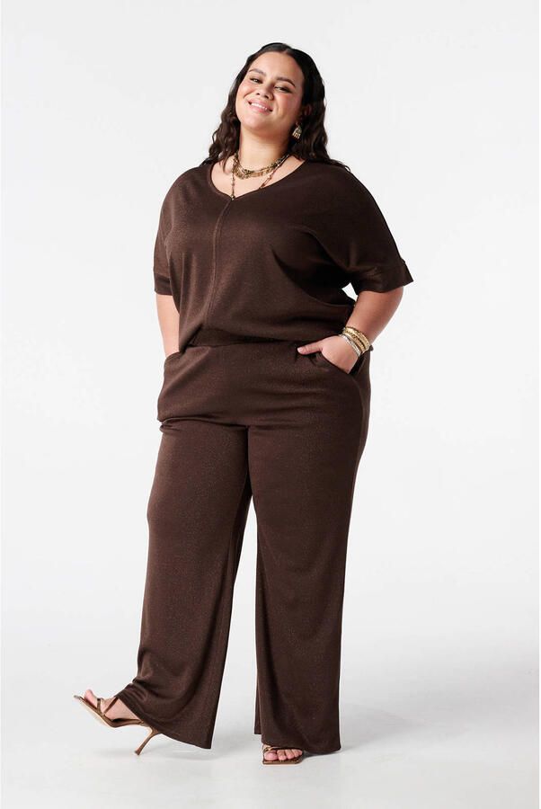 MS Mode straight high waist casual broek donkerbruin met glitter - Foto 2